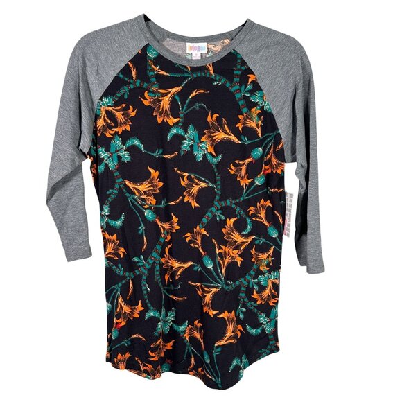 LuLaRoe RANDY Black Elegant Leaf Vines Gold Yellow Raglan Tee Shirt SMALL S - Picture 1 of 6